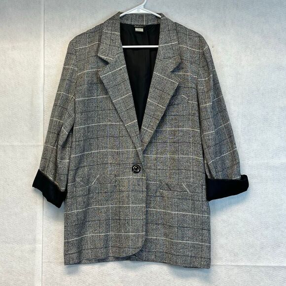 Vtg 80s CHAD STEVENS Women’s Blazer Size10 Gray Black Plaid Made in USA - Picture 1 of 10